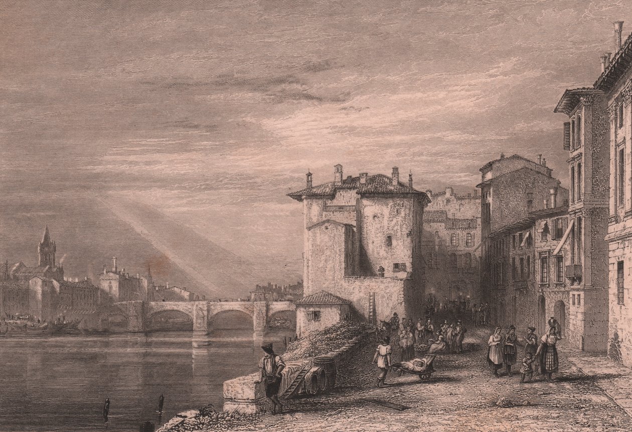 Pohled na Veronu na řece Adige, Benátsko, Itálie, ocelorytina Edwarda Francise Findena (1791-1857) podle kresby Augusta Walla Calcotta (1779-1844), cca 12x10 cm od Edward Francis Finden