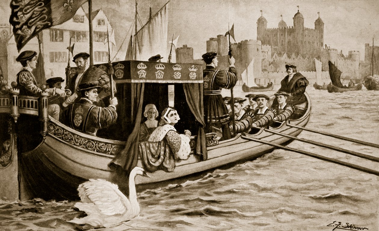 Catherine Howardová je přenesena do věže, ilustrace z knihy "Hutchinson