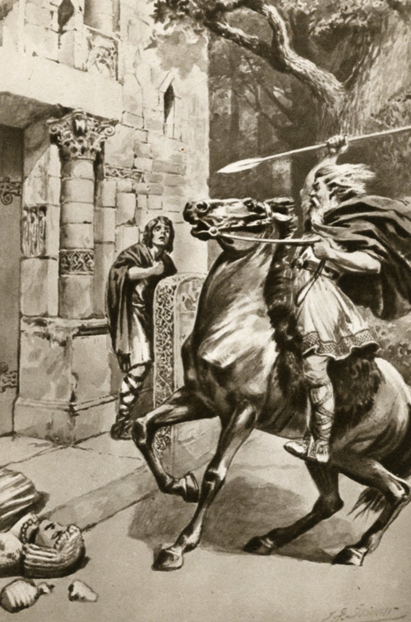 Velekněz Coifi jede po Goodmanhamské uličce rozbít modly, ilustrace z knihy Arthura Mee "Malý ostrov pokladů", asi 1920 (litografie) od Edward Frederick Skinner