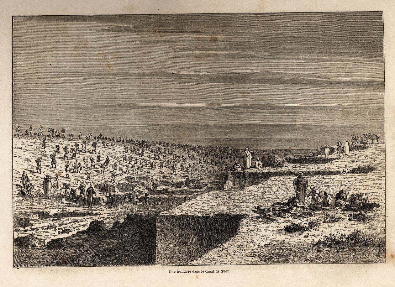 Příkop v Suezském průplavu, kresba Grenetem, pro ilustraci exkurze do Suezského průplavu v roce 1862 od Paula Merruaua. Rytina v „“Le tour du monde““, editoval Edouard Charton od Edward Grenet