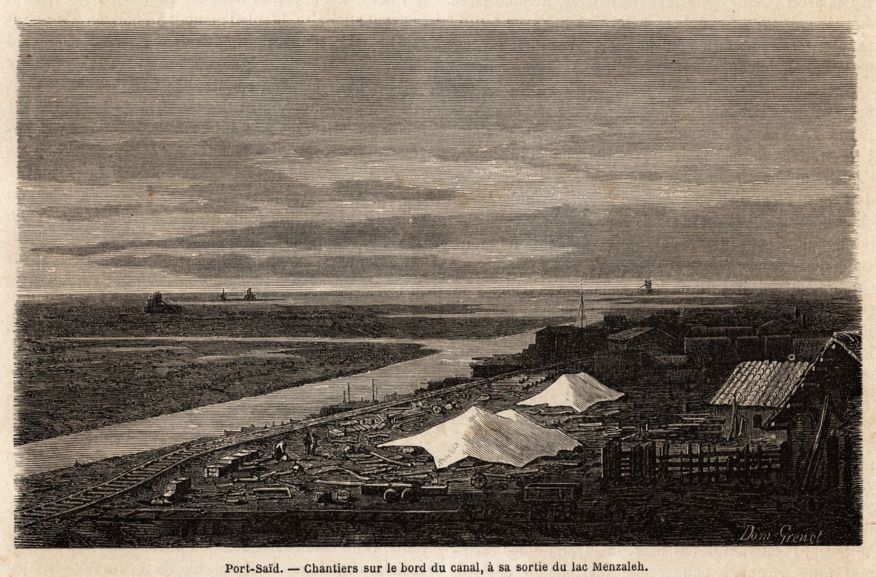 Loděnice Port Said, na okraji Suezského průplavu, u jeho výstupu z jezera Menzaleh, kresba Grenet, pro ilustraci exkurze do Suezského průplavu v roce 1862 od Paula Merruaua. Rytina v „“Le tour du monde““, editoval Edouard Charton od Edward Grenet