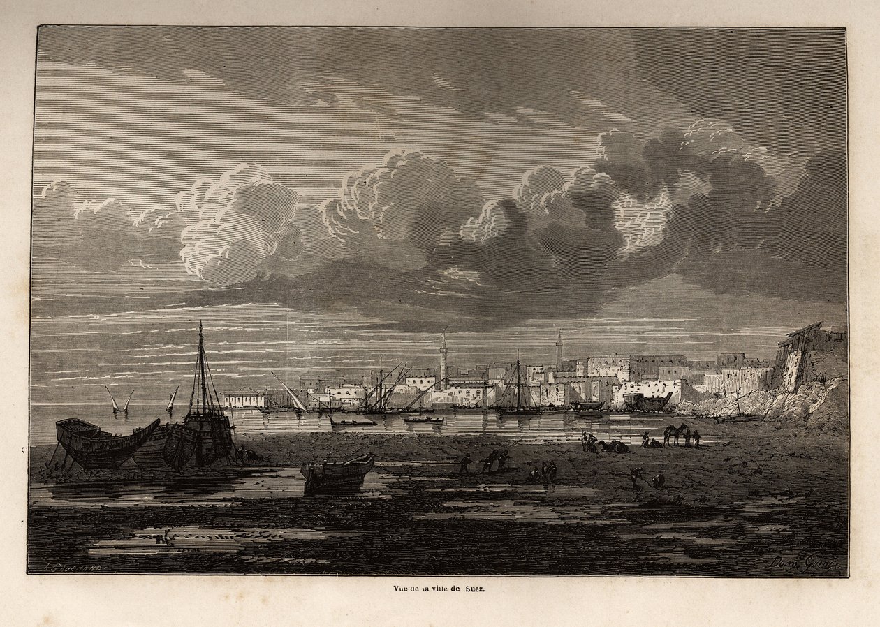 Pohled na město Suez (Egypt), kresba Greneta pro ilustraci exkurze do Suezského průplavu v roce 1862 od Paula Merruaua. Rytina v „“Le tour du monde““, editoval Edouard Charton od Edward Grenet