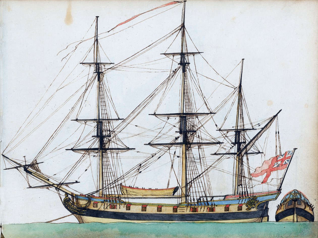 Britská loď s 20 děly, zobrazující takeláž a lodní člun a samostatný pohled na záď, asi 1780 (akvarel, pero a tuš ) od Edward Gwyn