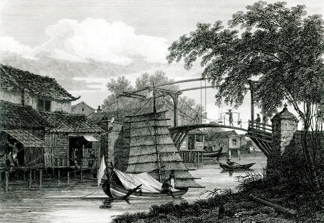 Padací most v Malacca, vyrytý George Cooke od Edward Hawke Locker