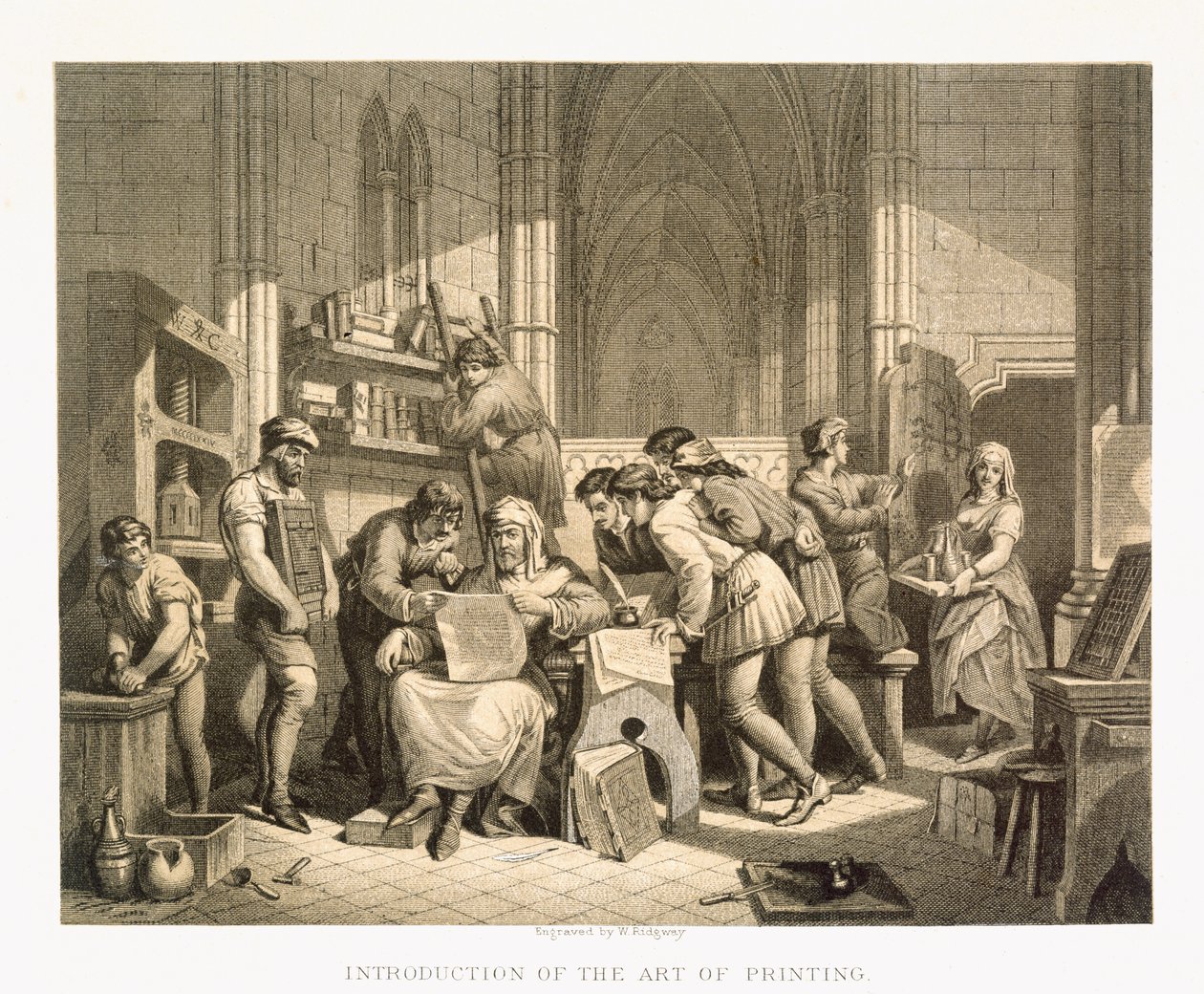 Představení tiskařského umění, z knihy "Ilustrace k anglickým a skotským dějinám", I. díl od Edward Henry Wehnert