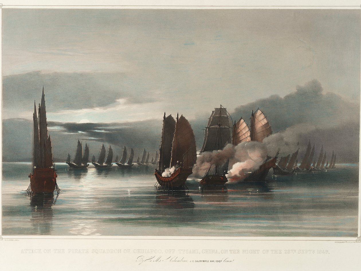 Útok HMS Columbine na pirátskou eskadru Chuiapoo u Tysami v Číně v noci 28. září 1849, J. C. Dalrymple Hay, Esqr, Commr, cca 1849 (tisk, litografie, kolorovaná) od Edward Hodges Cree