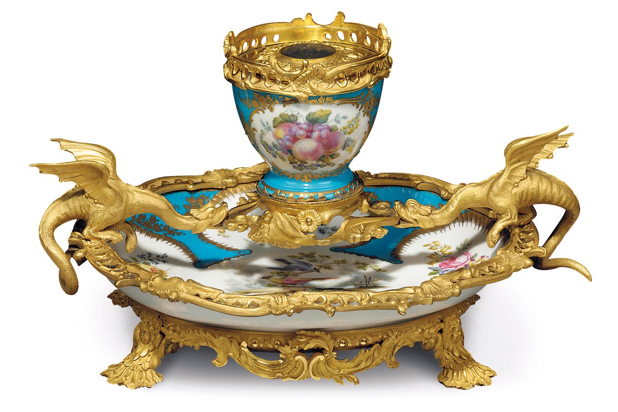 Tyrkysová pozemní rytina ve stylu Williama IV. Sevres, porcelán pravděpodobně 18. století, ormolu kolem 1835-40 od Edward Holmes Baldock