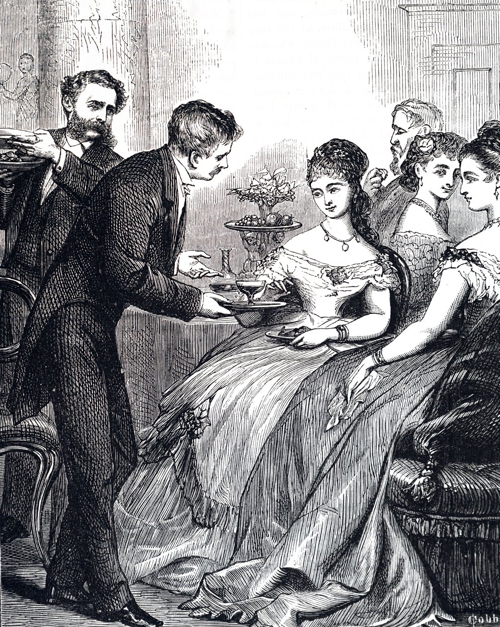 Rytina zobrazující gentlemana, který při večeři podává dámě misku s želé od Edward Hughes