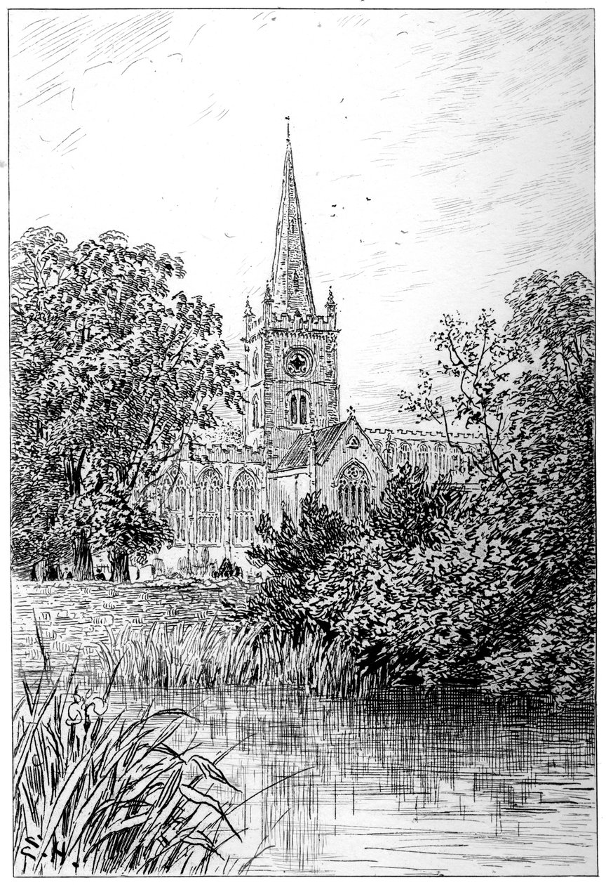 Stratfordský kostel při pohledu z řeky, Stratford-upon-Avon, Warwickshire, 1885. od Edward Hull