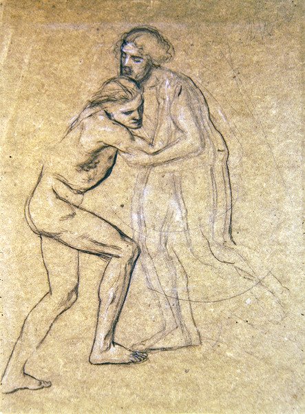 Studie dvou nahých mužů objímajících se pro The Prodigals Return, 1869 (křída na papíře) od Edward John Poynter