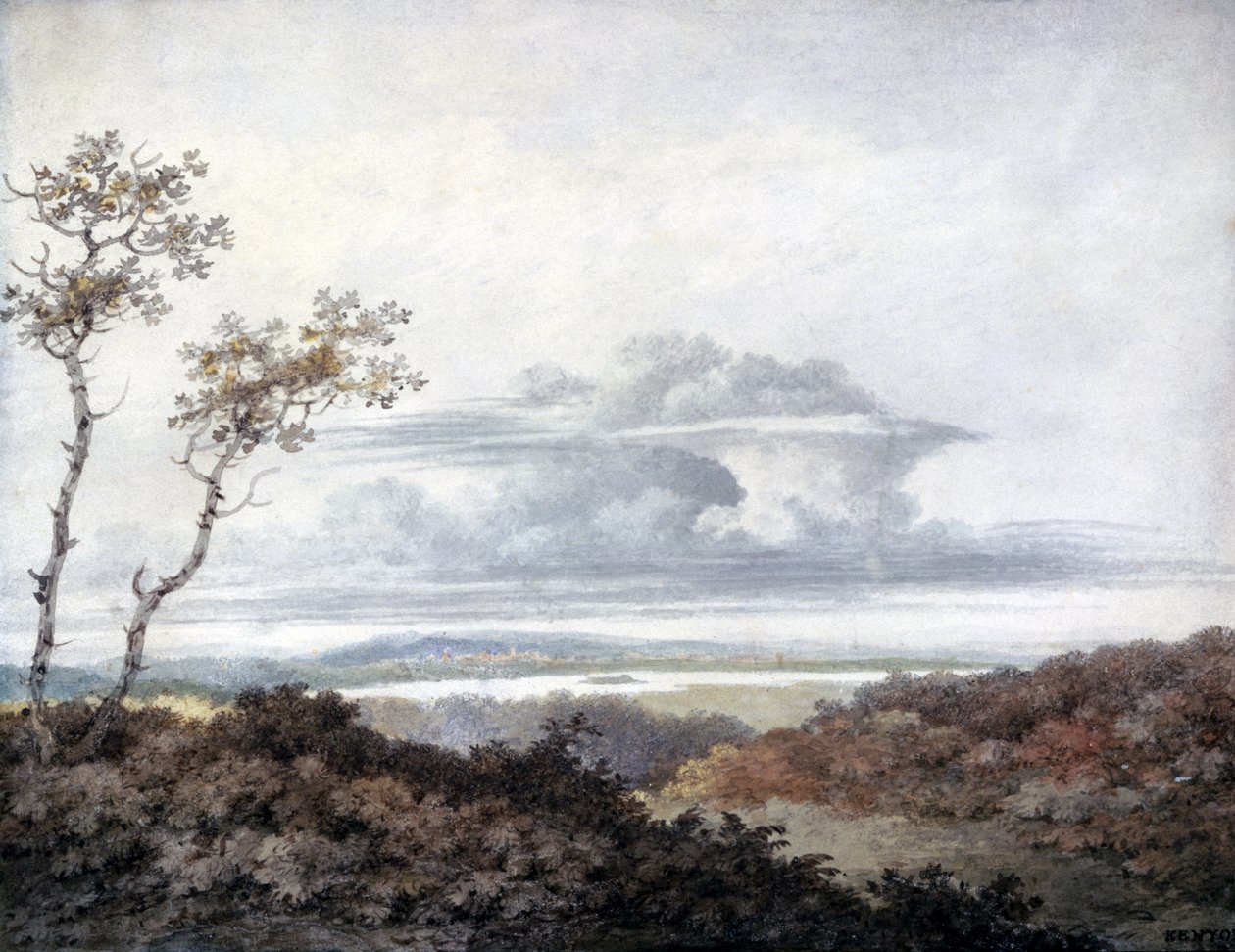 Venkovská krajina s pozdějšími studiemi mraků od Luka Howarda (1772-1864) kolem 1808-11 (wc na papíře) od Edward Kennion