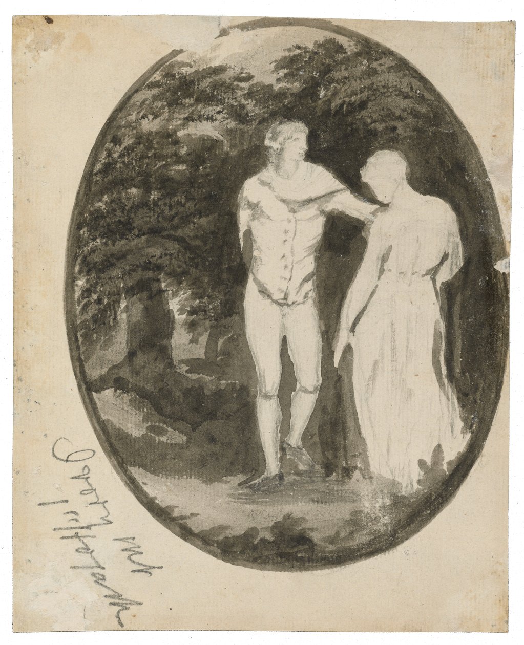 A Couple in a Wooded Landscape zasazený do oválu (verso), c. 1838-1848 (inkoust a praní na položený papír) od Edward Lear