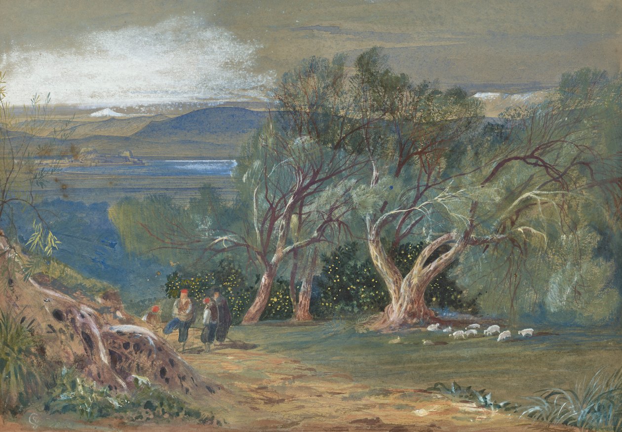 Daleký pohled na Korfu z ostrova Viros od Edward Lear