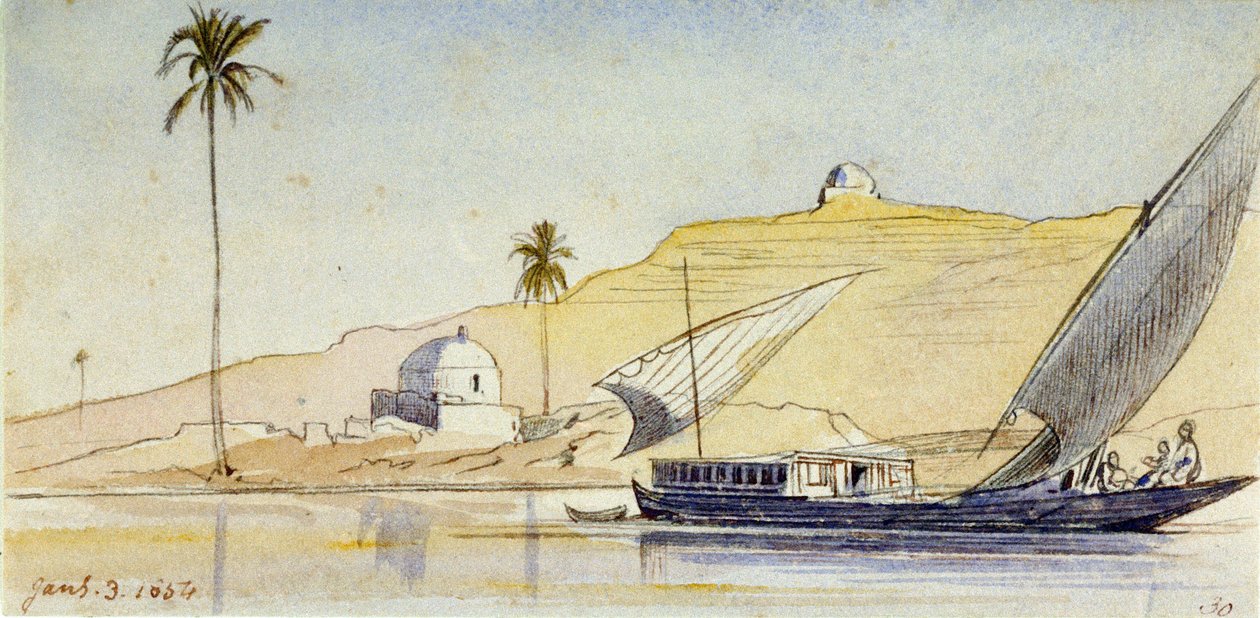 Velká egyptská felluka na Nilu (Egypt), před strmými břehy, s palmou a dvěma bílými marabu, které podtrhují pouštní ráz krajiny. od Edward Lear