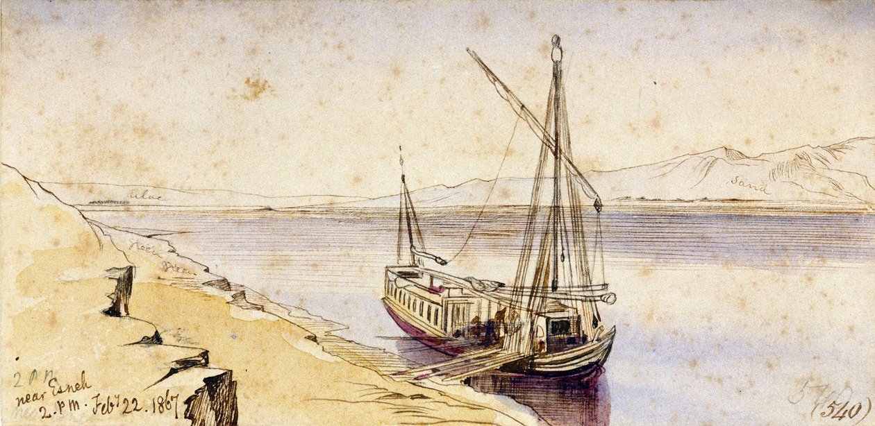 Tradiční egyptská loď kotvící na břehu Nilu nedaleko Esnehu (Egypt). Kolorovaná akvarelová kresba od Edward Lear