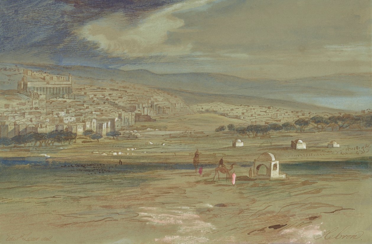 Pohled na město Hebron s velbloudy a postavami v popředí od Edward Lear