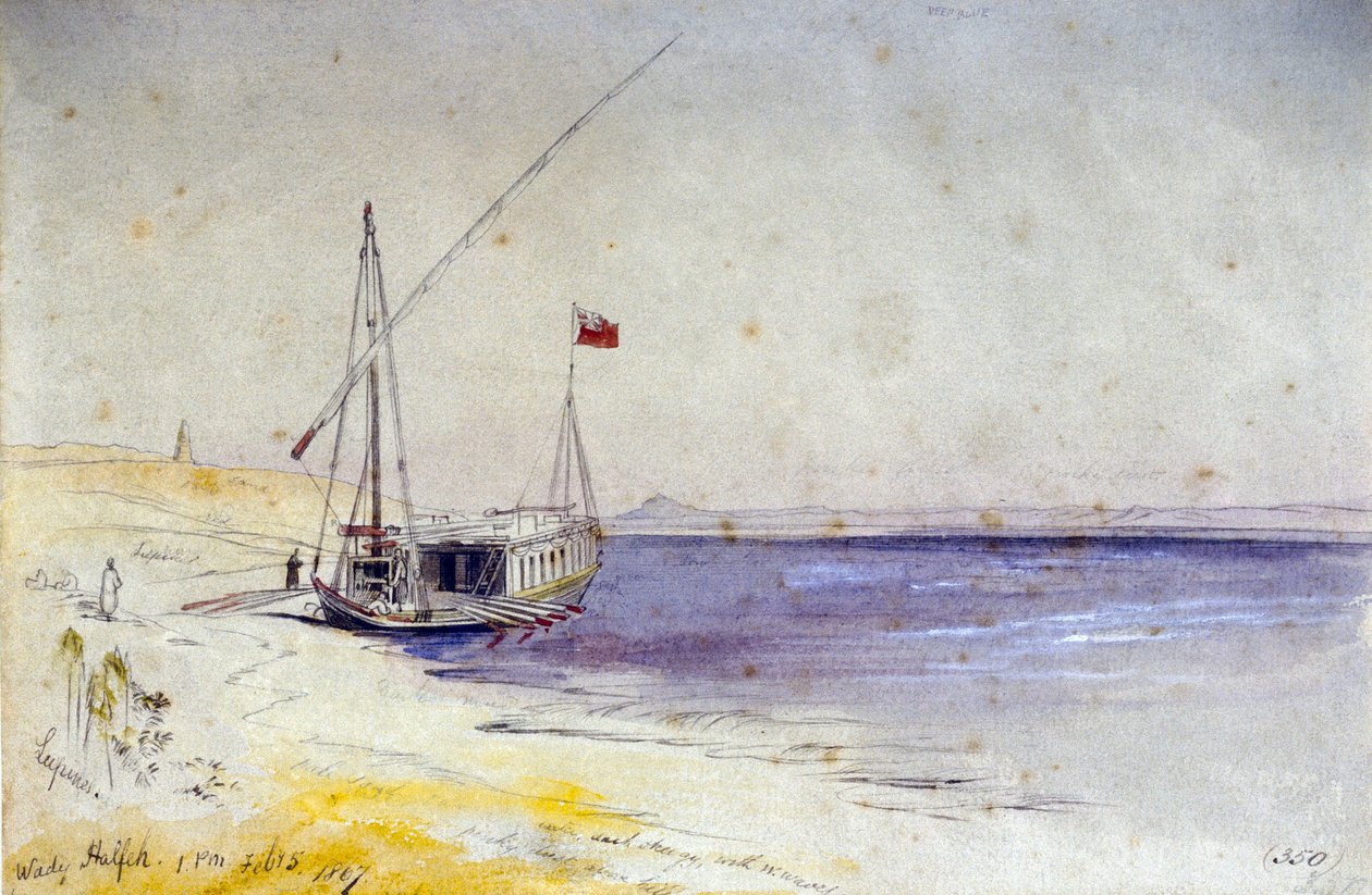 Egyptská loď zakotvená na břehu Nilu poblíž Wady Halfeh (Egypt). Barevná akvarelová kresba od Edward Lear