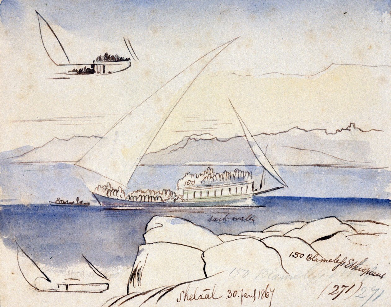 Egyptská loď na Nilu poblíž Šetaalu (Egypt). Kolorovaná akvarelová kresba od Edward Lear