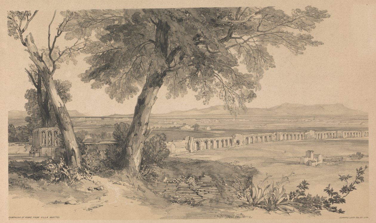 Římské předměstí z pohledu z vily Mattei, z publikace „Pohledy na Řím a jeho okolí“, 1841 od Edward Lear