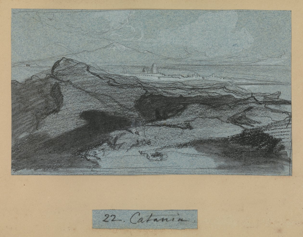 Catania, from Views of Sicily (křída a kvaš na modrém papíře) od Edward Lear