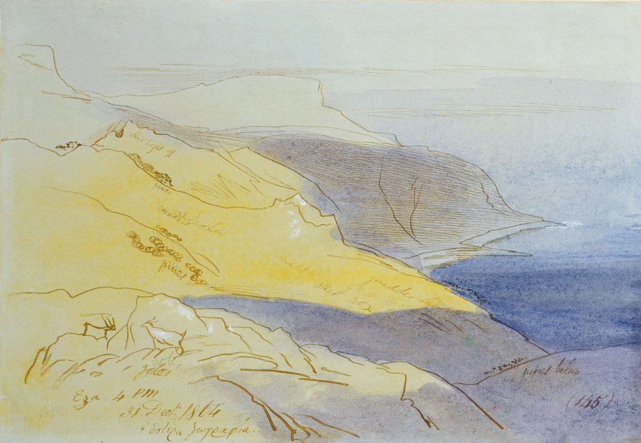 Pobřežní krajina, Eza, 1864 (wc, pero a inkoust na papíře) od Edward Lear