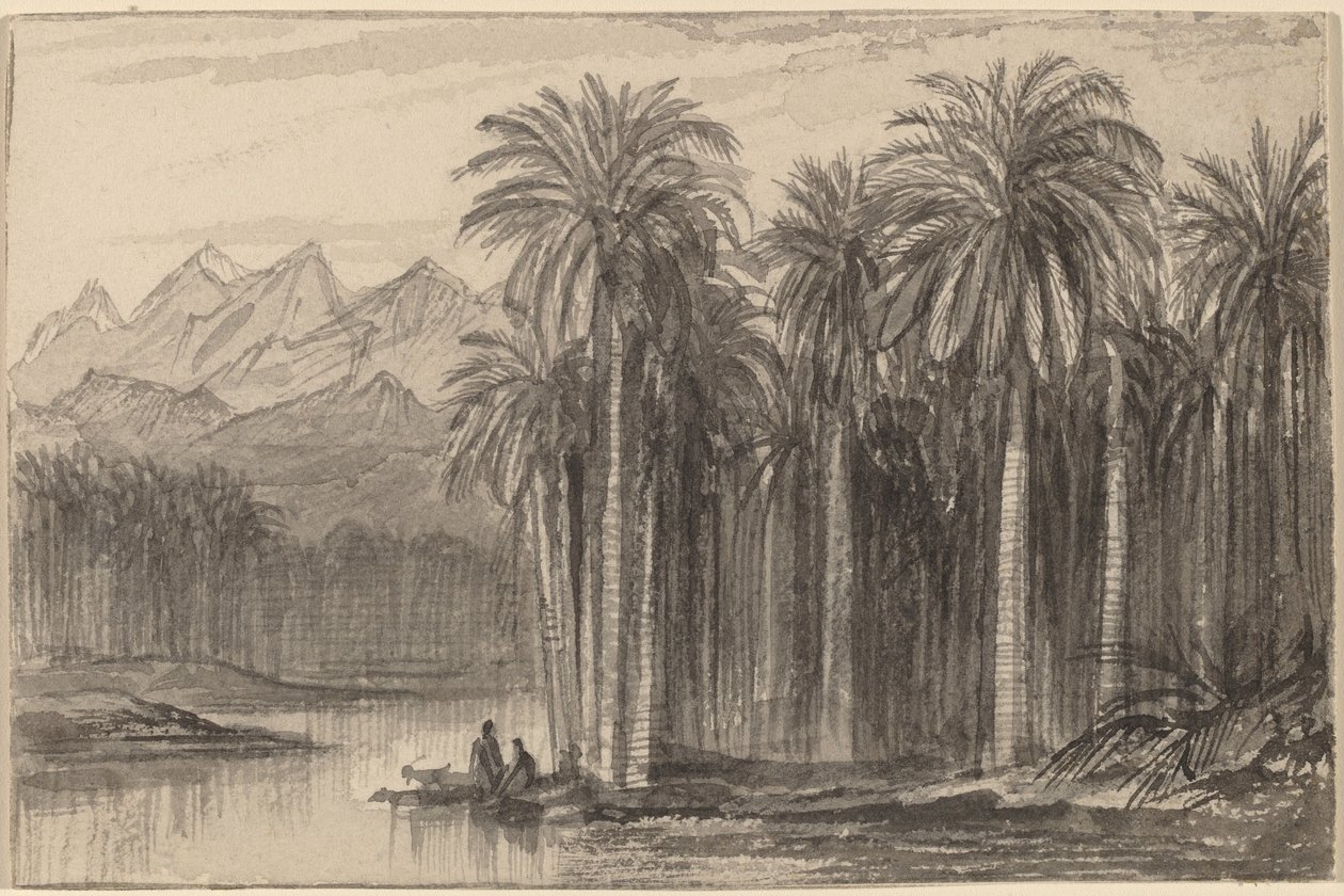 Postavy vyjíždějící na kánoích z palmového háje (Wady Feiran) od Edward Lear