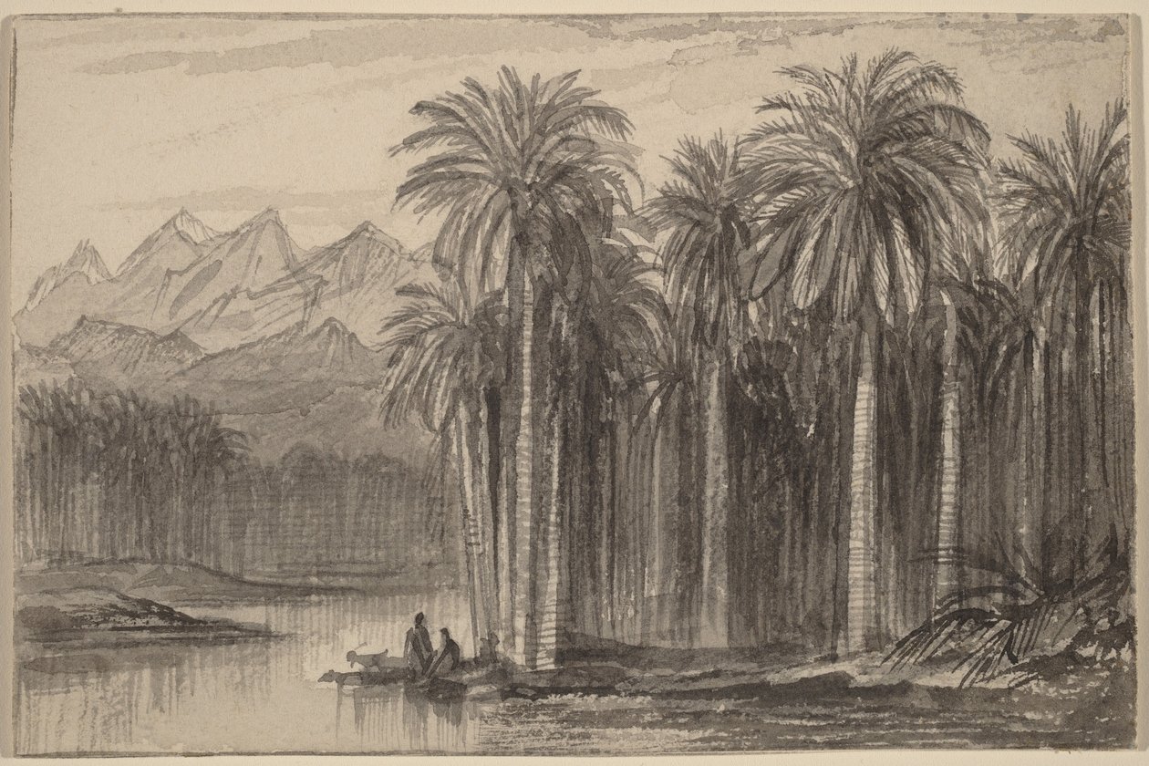 Postavy vyplouvající v kánoích z palmového háje (Wadi Feiran) od Edward Lear