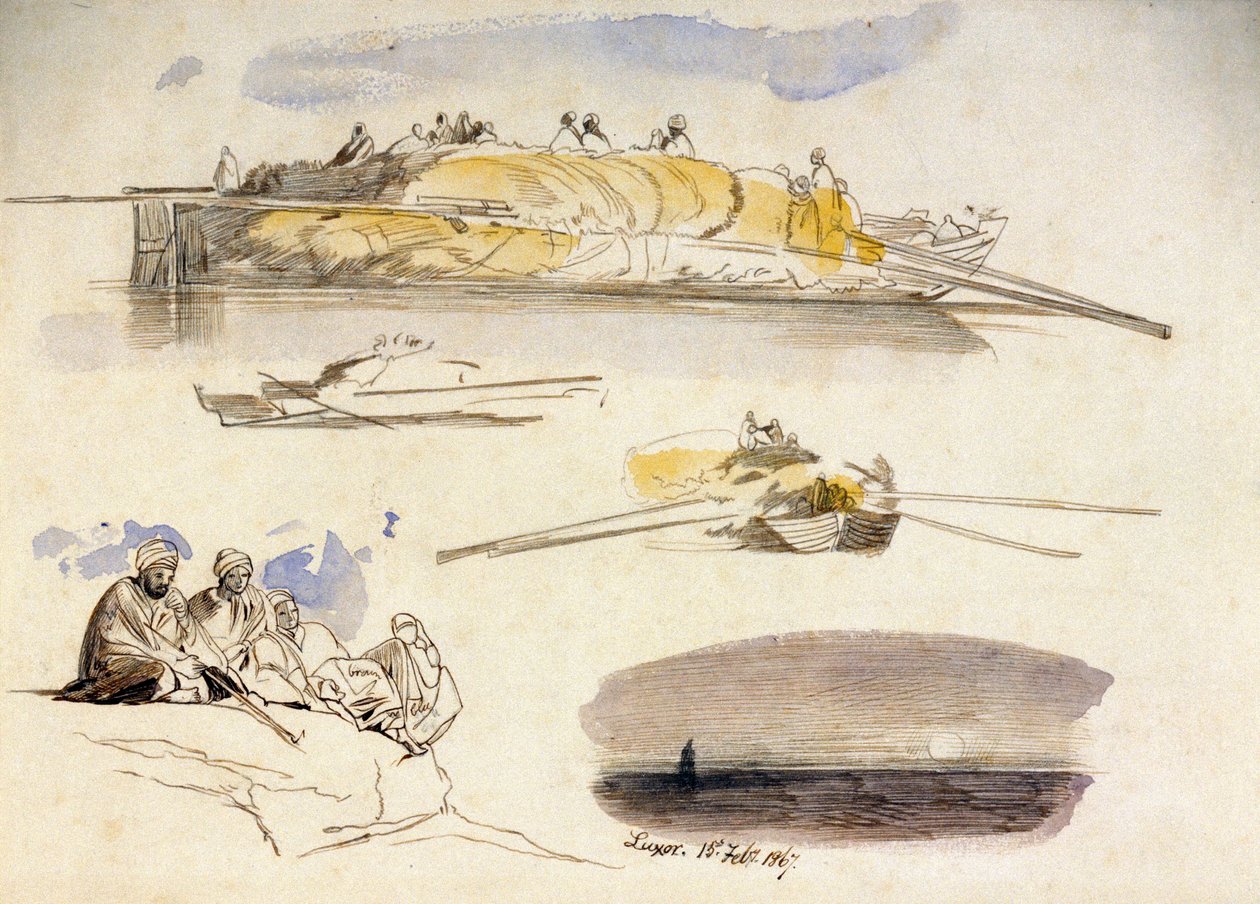 Pět skic Luxoru (Egypt), tři pohledy na hausbót naložený slámou, skica pěti sedících Egypťanů a krajina za soumraku. od Edward Lear