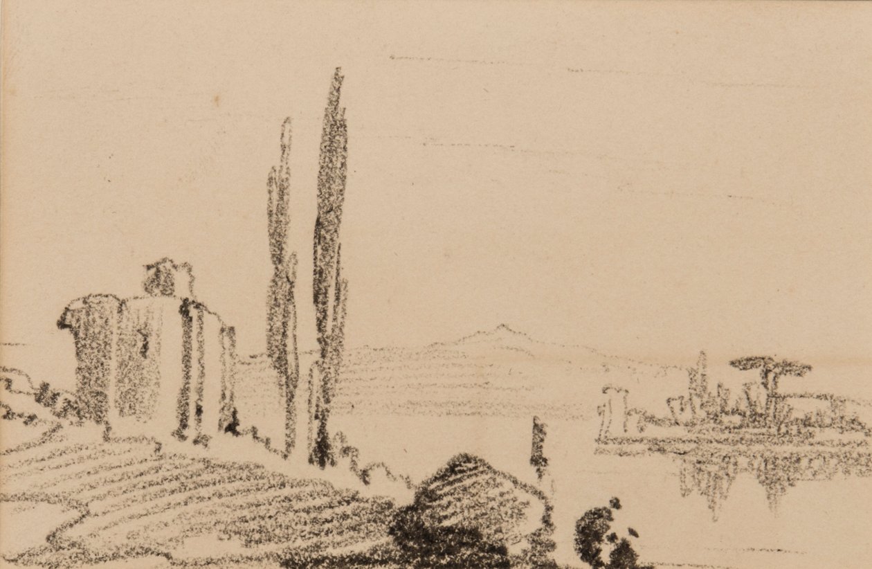 Italské capriccio, cca 1837 (černá křída na papíře) od Edward Lear