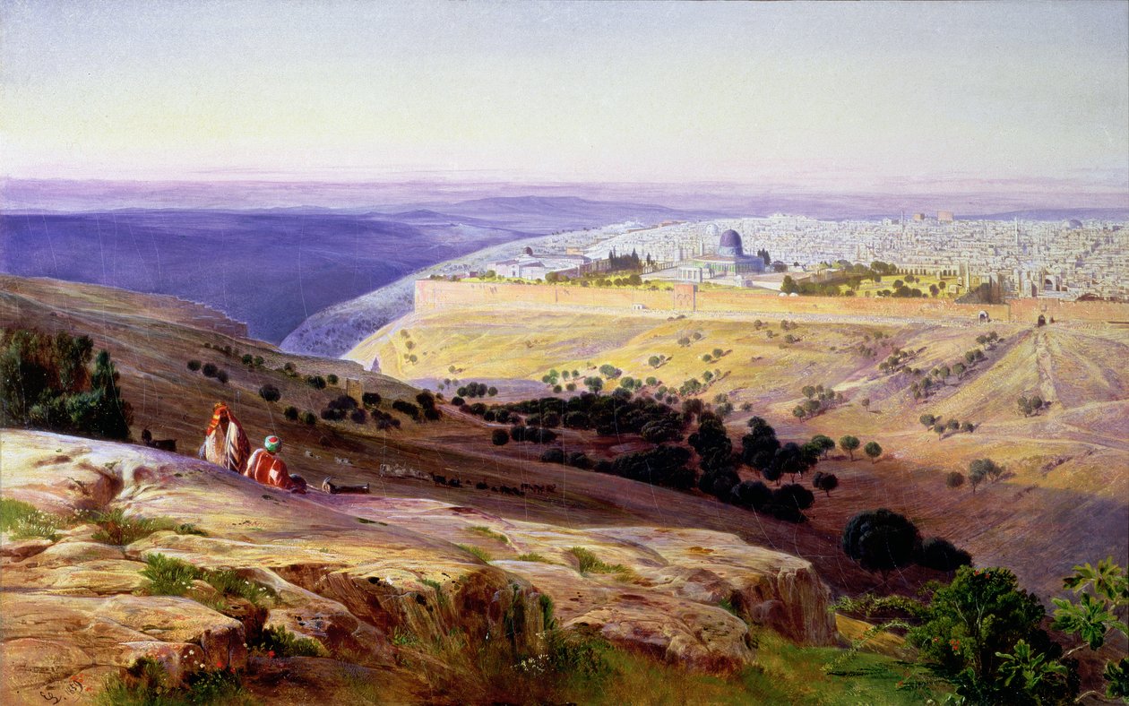 Jeruzalém z Olivetské hory, Východ slunce, 1859 (olej) od Edward Lear