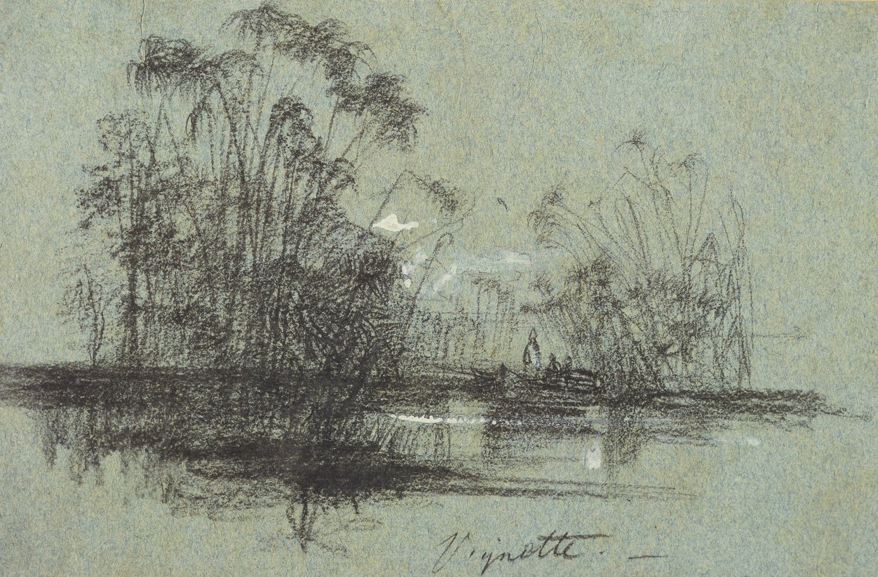 Papyrus na Anapusu, z Views of Sicily (černá křída a tělová barva na modrém papíře) od Edward Lear