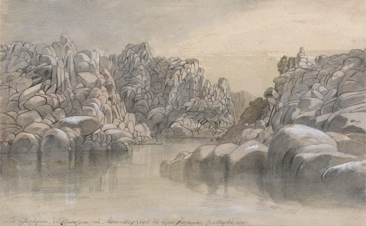 Říční průsmyk mezi polopustými skalními útesy od Edward Lear