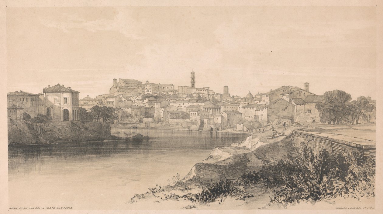 Řím z ulice Via della Porta San Paolo, z publikace „Pohledy na Řím a jeho okolí“, 1841 od Edward Lear