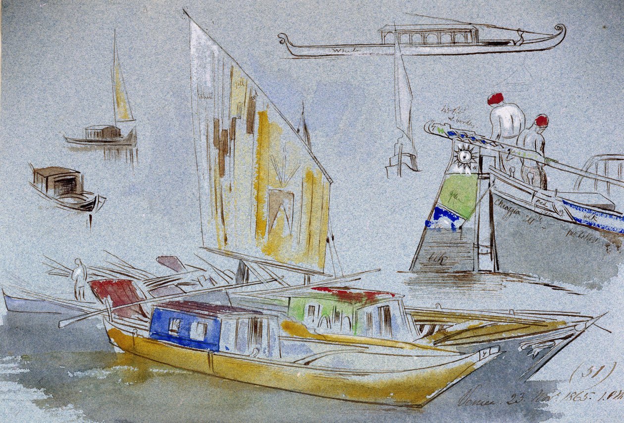 Studie benátských lodí. Kolorovaná akvarelová kresba, autor Edward Lear (1812-1888). od Edward Lear