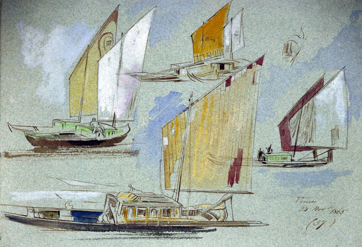 Studie benátských lodí za plných plachet. Kolorovaná akvarelová kresba, autor Edward Lear (1812-1888). od Edward Lear
