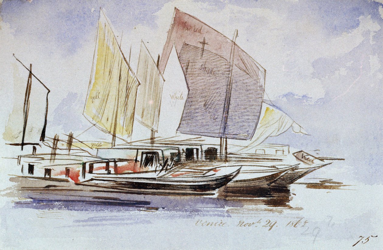 Studie benátských lodí, plné plachty, pohled zprava. Kolorovaná akvarelová kresba, autor Edward Lear (1812-1888). od Edward Lear