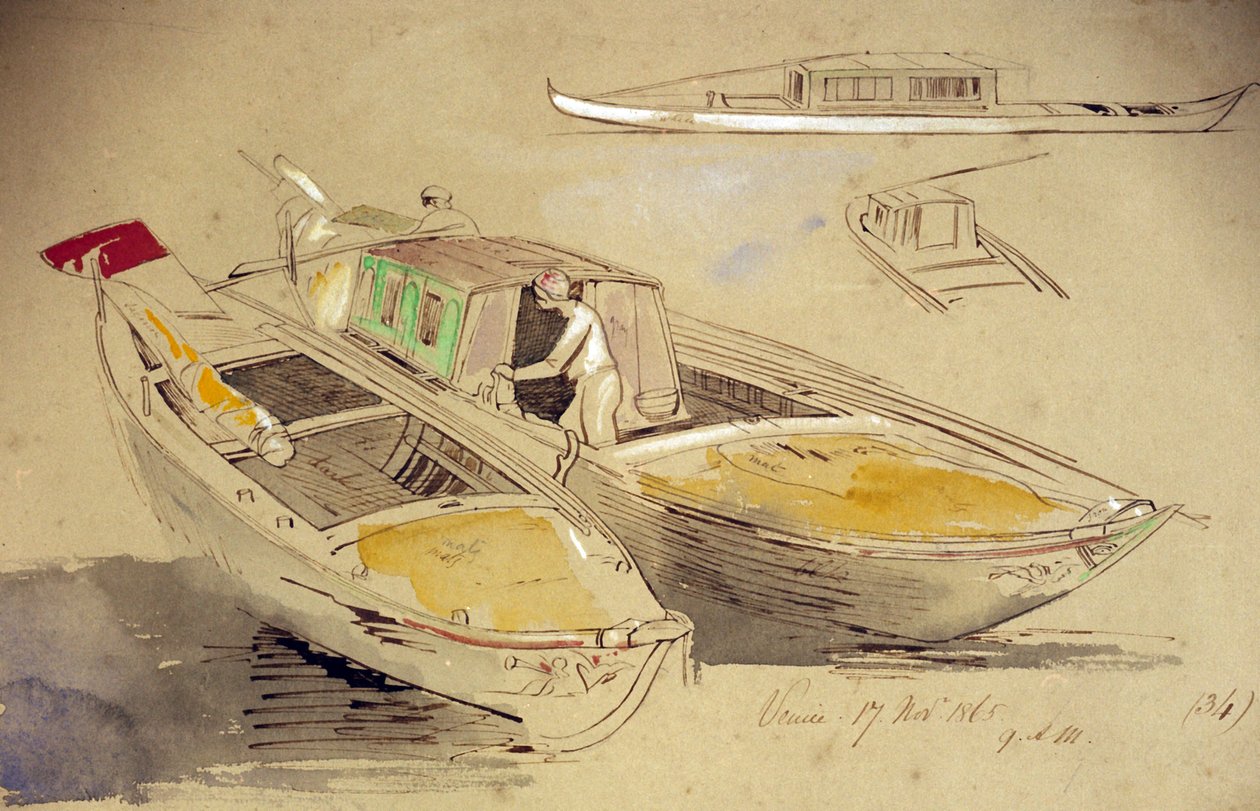Studie benátských lodí na pobřeží. Kolorovaná akvarelová kresba, autor Edward Lear (1812-1888). od Edward Lear
