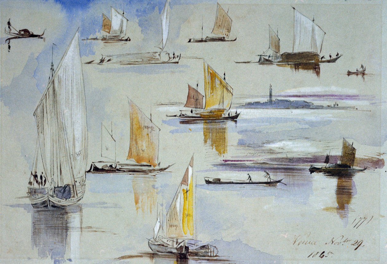 Studie benátských lodí s poznámkami. Obraz Edwarda Leara (1812-1888) od Edward Lear