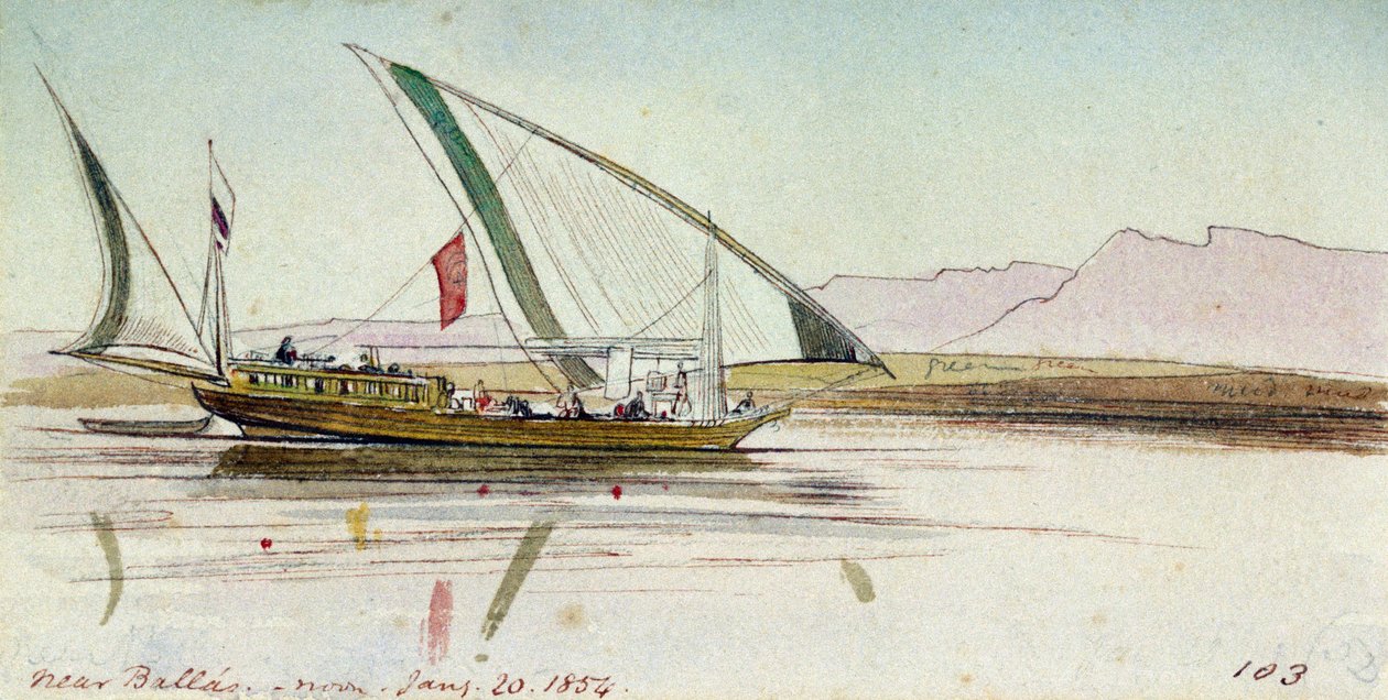 Studie gyassi (egyptské lodi), na Nilu u Ballasu (Egypt). Kolorovaná akvarelová kresba od Edward Lear