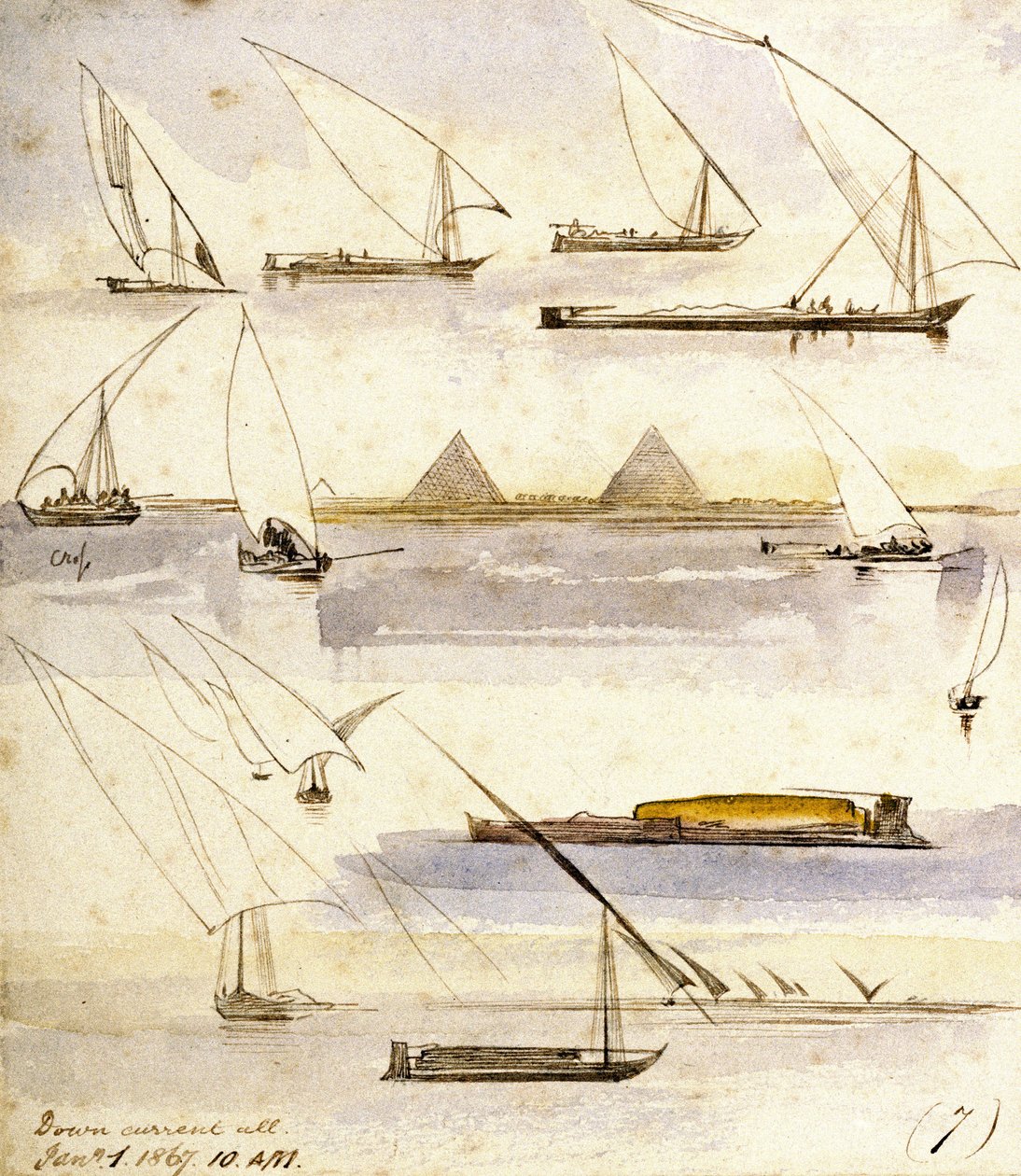 Studie různých egyptských lodí (Dahabeeyahs a Gyassis), s výjevem před pyramidami v Gíze (Káhira) uprostřed stránky. od Edward Lear