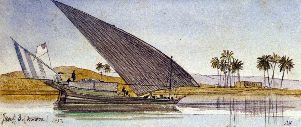Břehy Nilu (Egypt) s velkou lodí gyassi, která projíždí kolem. Barevná akvarelová kresba od Edward Lear