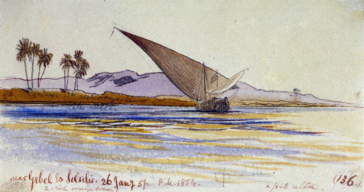 Břeh Nilu (Egypt) s palmami a gyassi obrácenými k břehu, poblíž Gebel el Silsileh. Kolorovaná akvarelová kresba od Edward Lear