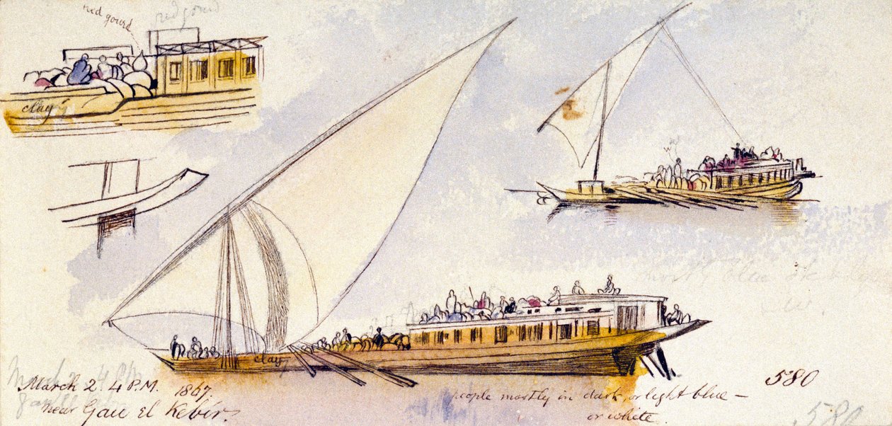 Tři studie egyptské lodi s cestujícími u Gau el Kebíru (Egypt), s poznámkami o oblečení zobrazených postav. od Edward Lear