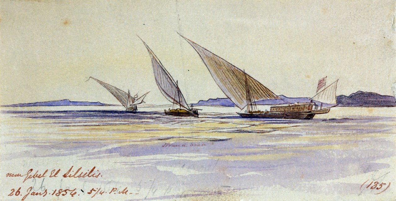 Tři tradiční egyptské dopravní lodě plující po Nilu poblíž Gebel el-Silsila nebo Gebel Silsileh (Egypt) od Edward Lear