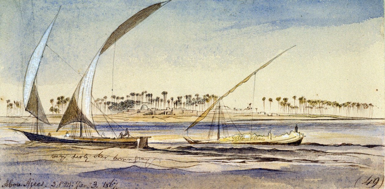 Dva egyptské čluny (nuggar a djem) plující po Nilu poblíž Abu Ajees (Egypt). Kolorovaná akvarelová kresba od Edward Lear