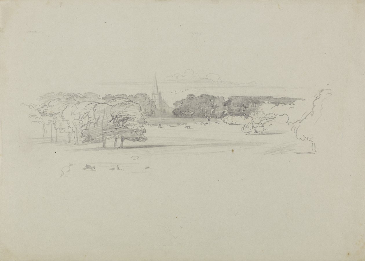 Pohled přes louku na kostel od Edward Lear