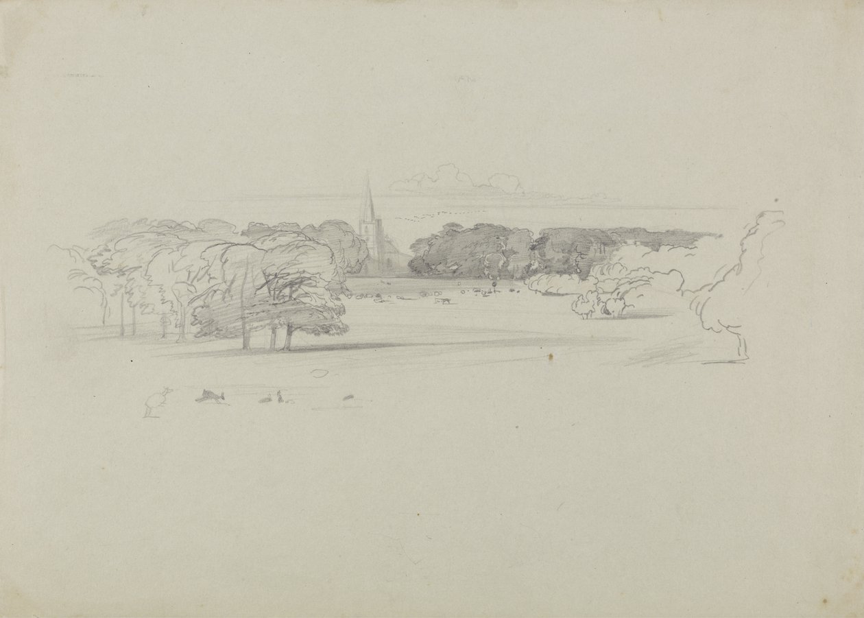Pohled přes louku na kostel od Edward Lear
