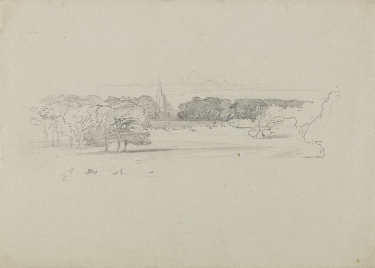 Pohled přes louku ke kostelu, 1834 (grafit na zeleném těžkém tkaném papíře) od Edward Lear
