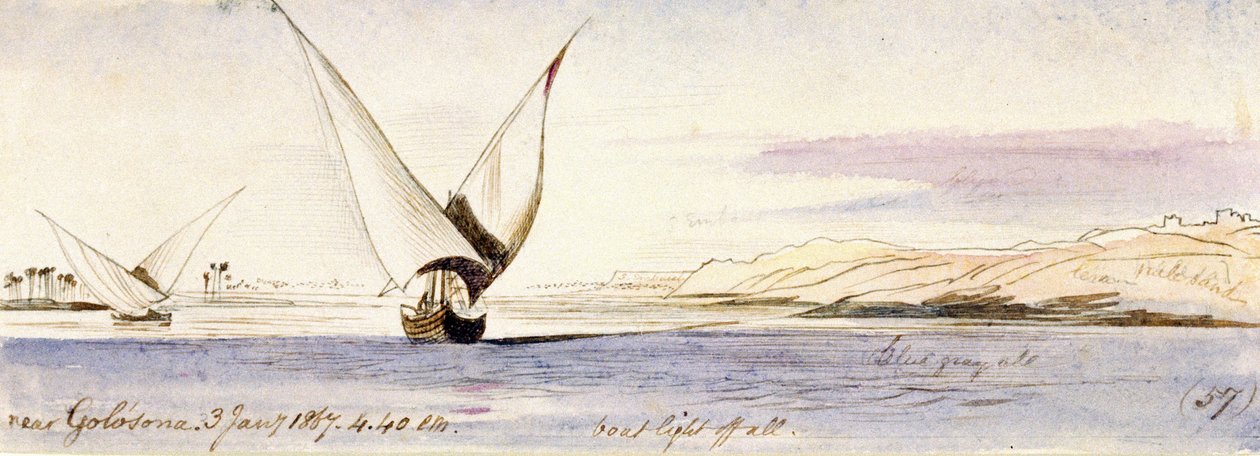 Pohled na Nil u Golosony (Egypt) s tradiční egyptskou lodí. Kolorovaná akvarelová kresba od Edward Lear