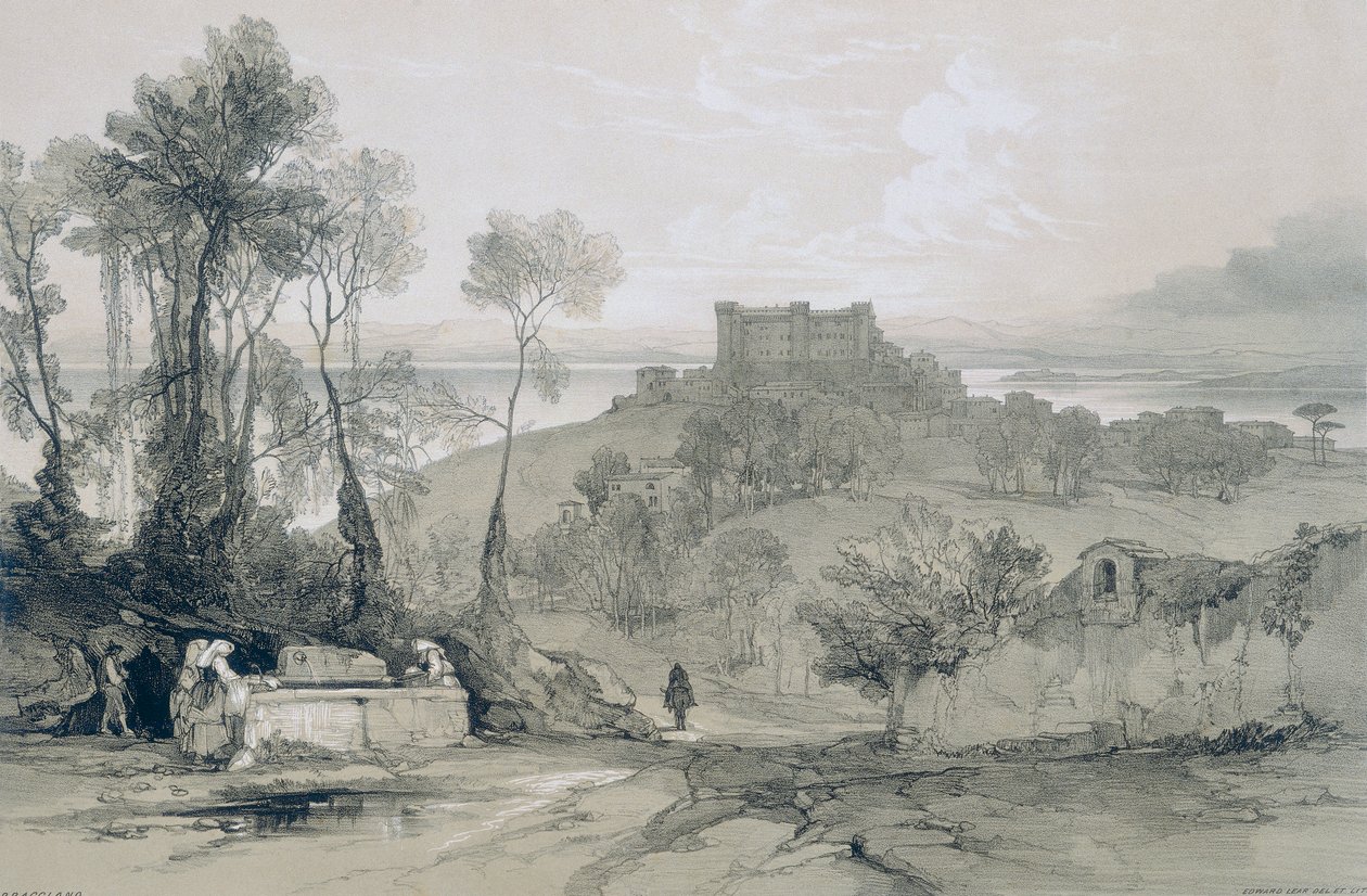 Výhledy v Římě a jeho okolí: Hrad a město Bracciano na stejnojmenném jezeře od Edward Lear